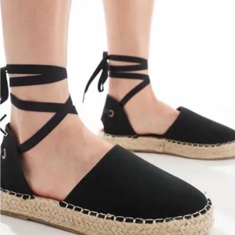 Aerie Black Espadrille Wrap Flats